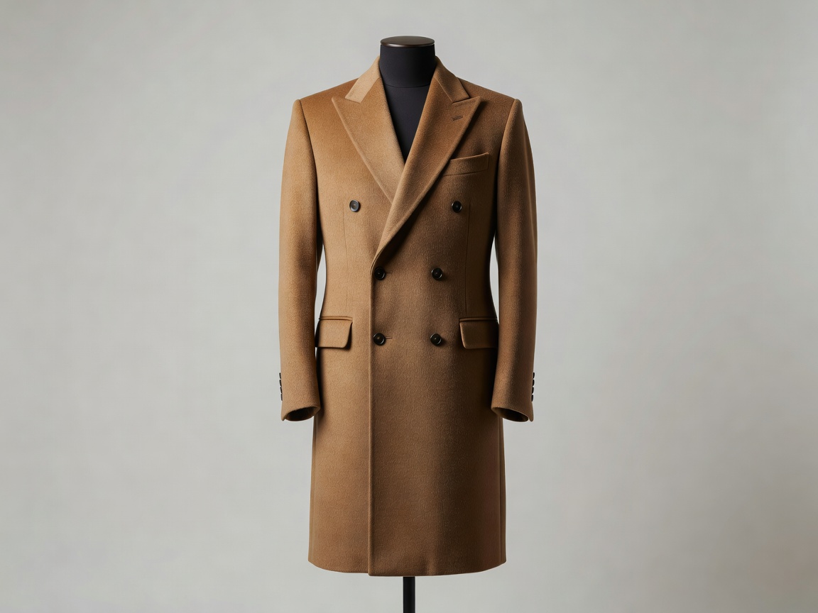 Double breasted tailored Italian virgin wool overcoat in deep camel tone