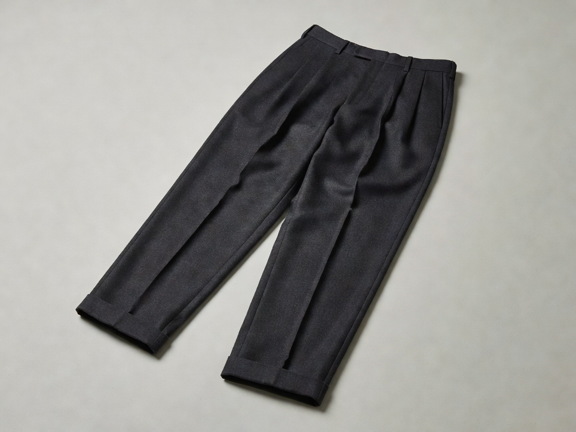 Double pleated charcoal grey Italian flannel wool trousers with crisp cuff fold
