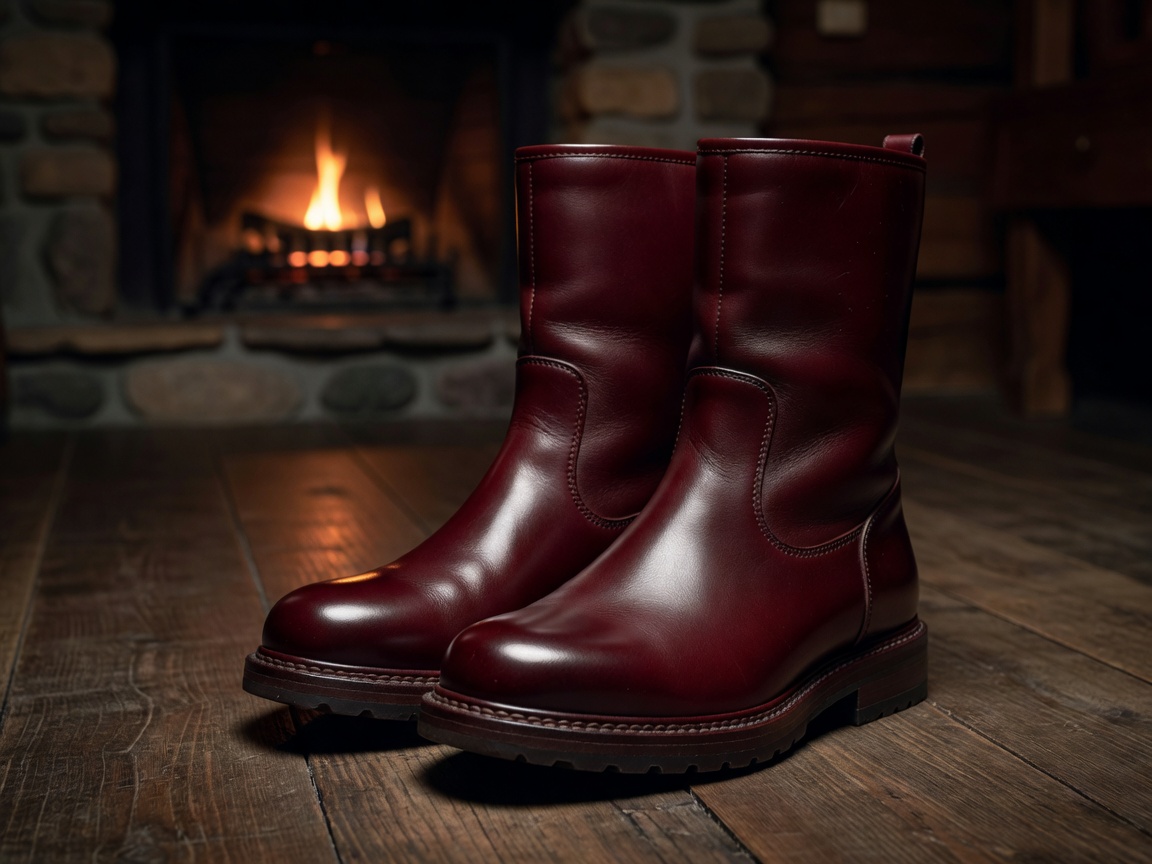 Pair of dark wine red polished leather Norwegian welted Italian winter boots