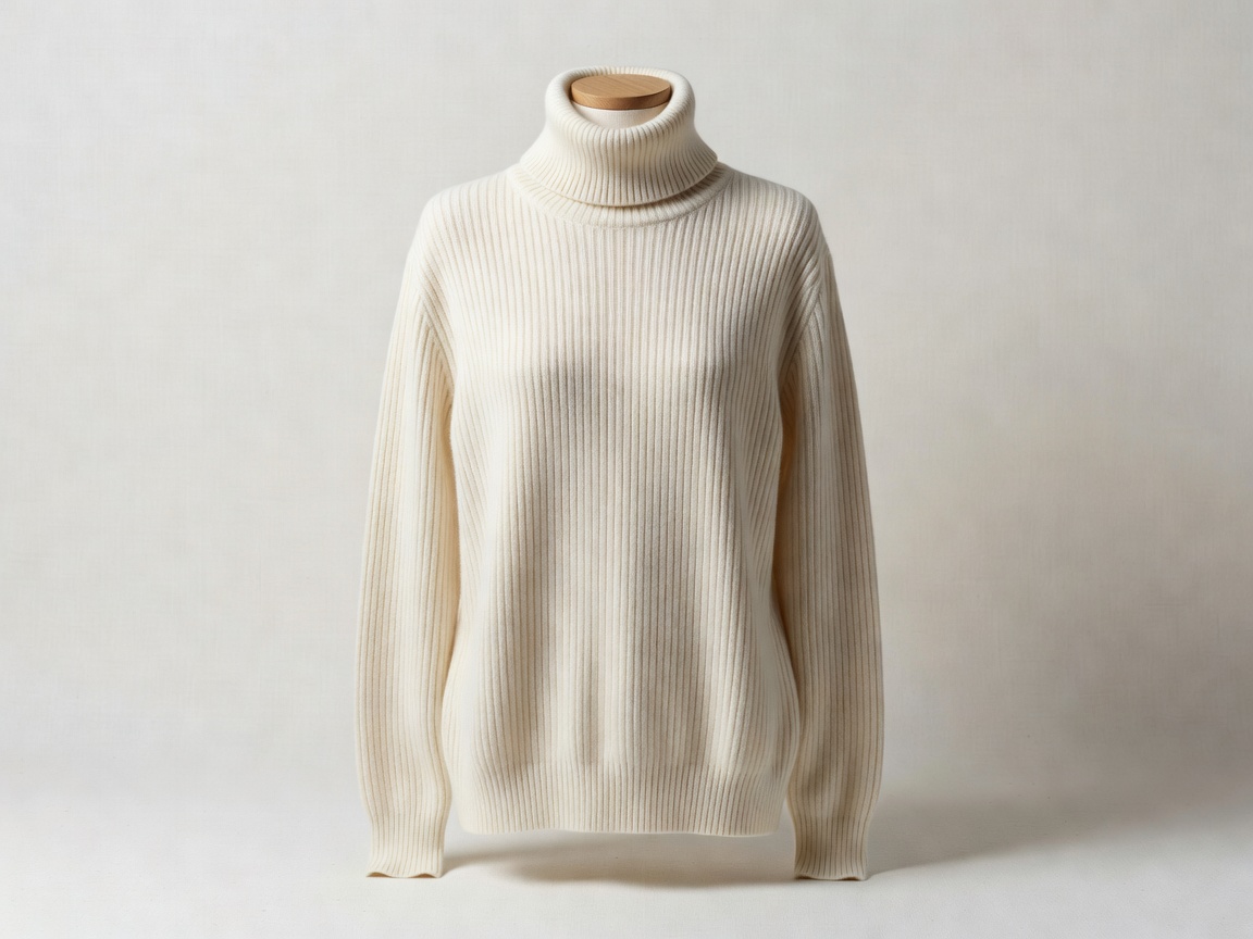 Plush ribbed ivory cashmere rollneck sweater crafted in Biella Italy