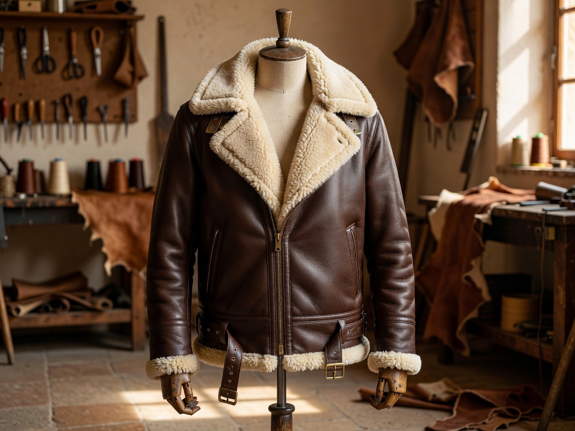 Rich espresso brown Tuscan shearling lined leather winter flight jacket